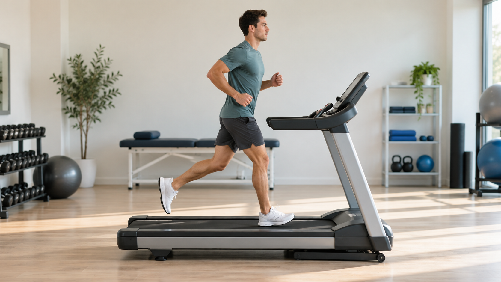 Illustrative adult running on a treadmill for gait observation
